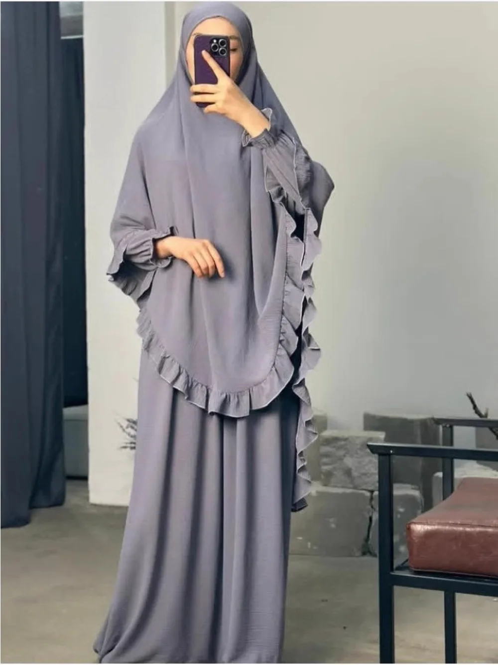 Ramadan Long Khimar with Dress Hijab Eid Muslim Headcarf Women Jilbab 2 Piece Set Jubha Islamic Hijabs Musulman Prayer Garment