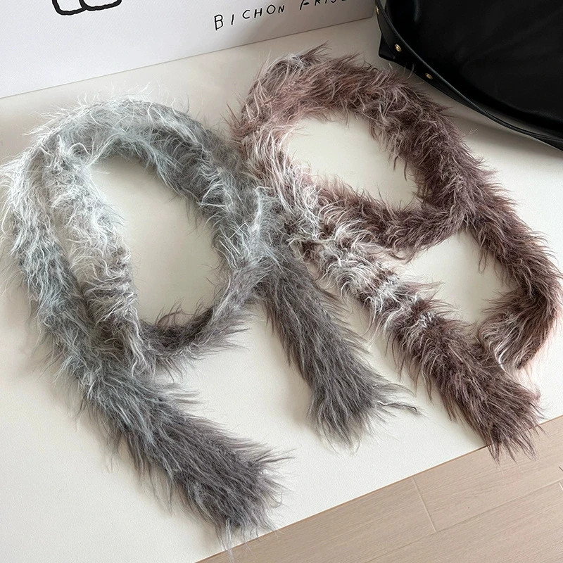

Autumn and Winter Striped Faux Mink Long Scarf with Tassels Warm and Unique Korean Style Narrow Plush Neck Warmer