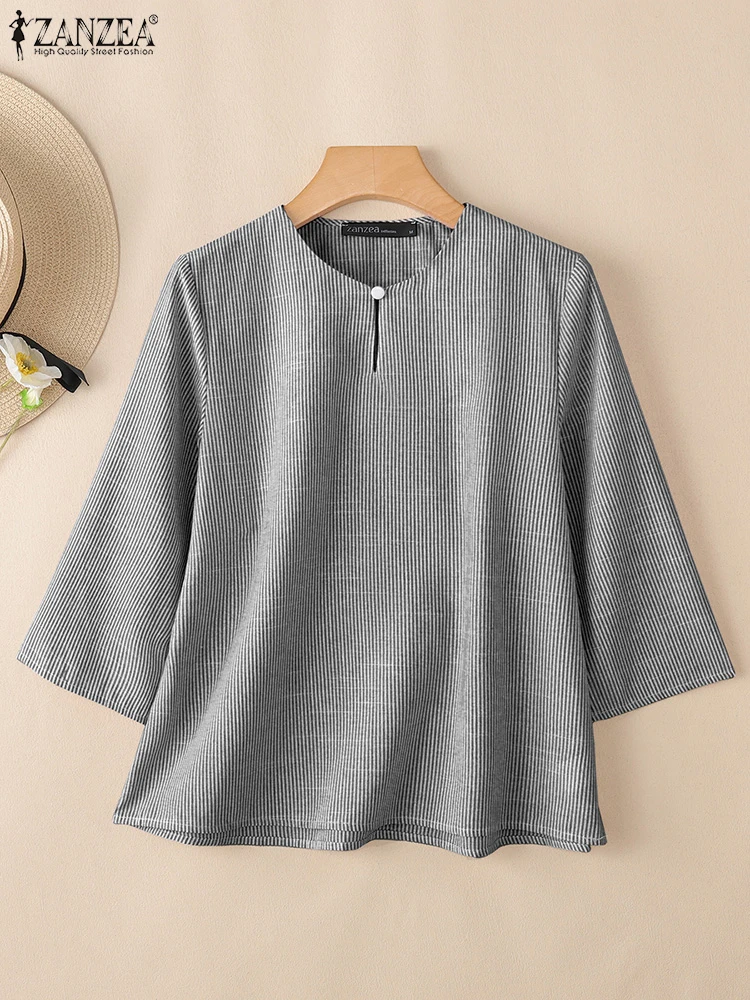 2025, Herbst, Büro, gestreifte Blusen, ZANZEA, stilvolle Damen-Oberteile, lässig, Sommer, V-Ausschnitt, 3/4-Ärmel, elegantes O-Ausschnitt, lose Hemden