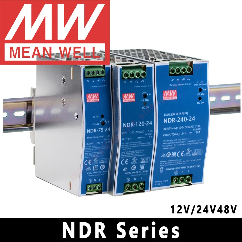 Original Mean Well NDR-75/120/240/480 Series meanwell Din Rail Power Supply 12V/24V/48V AC/DC Single Output Industrial