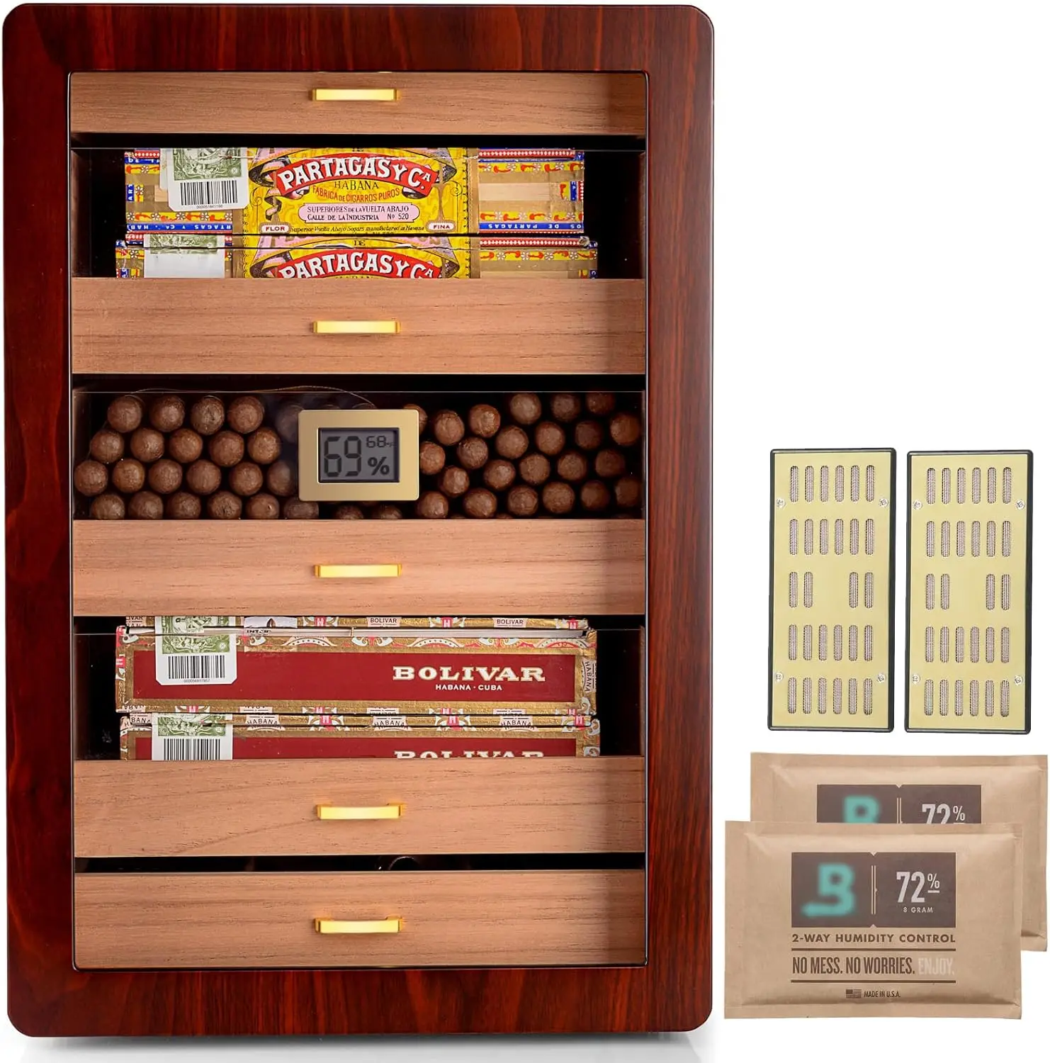 Cedar Wood Humidor with Di lgital Hygrometer, Drawers, Humidifiers and Gold-Plated Hardwares. 300 Cigars Capacity Walnut Color