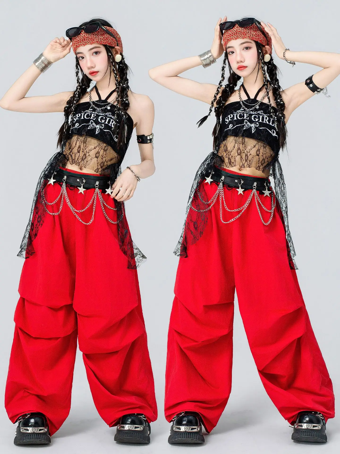 vetements-hip-hop-pour-enfants-tenues-de-danse-jazz-pour-filles-hauts-en-dentelle-noire-pantalons-amples-rouges-vetements-kpop-y2k-costume-de-scene-d'ete-bl19461
