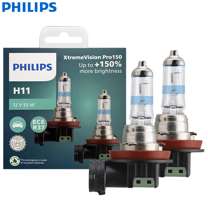 

Автомобильная галогенная фара Philips X-tremeVision Pro150 H11 12V 55W PGJ19 +150% яркость, белый свет, оригинальные лампы ECE, повышенная освещенность 12362XVP