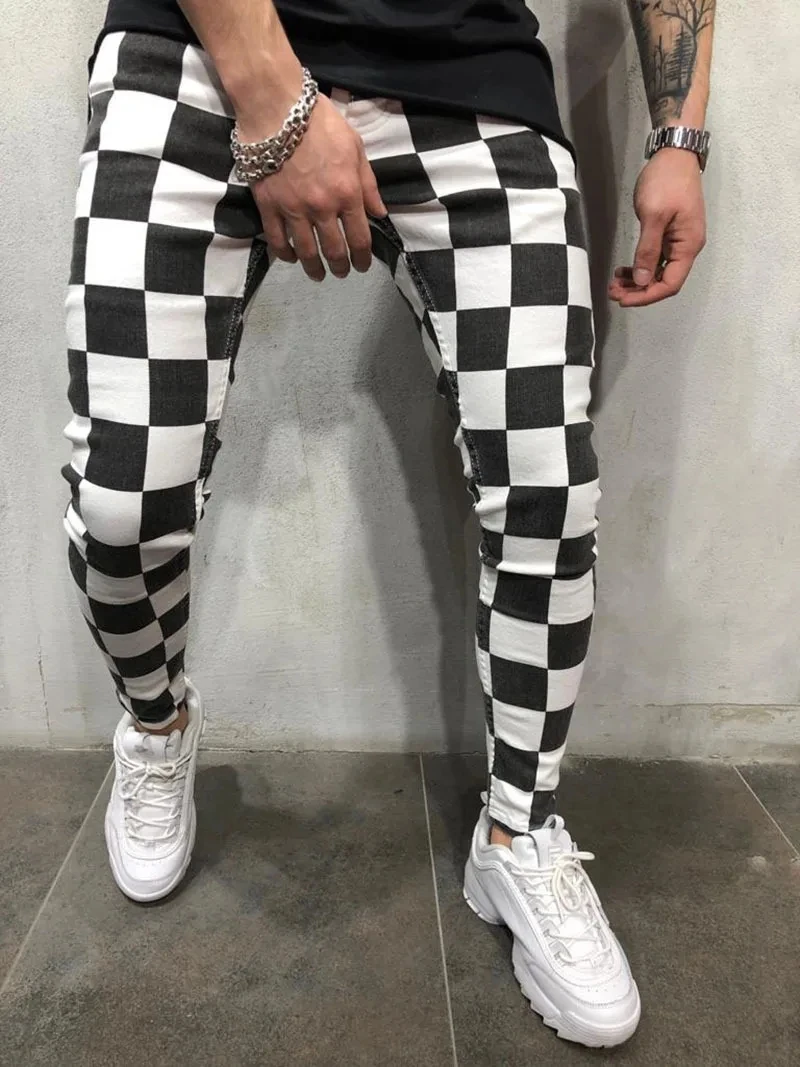 

Black and white check trendy casual trousers camouflage sports pants men's fitness pants outdoor running training pants slim fit