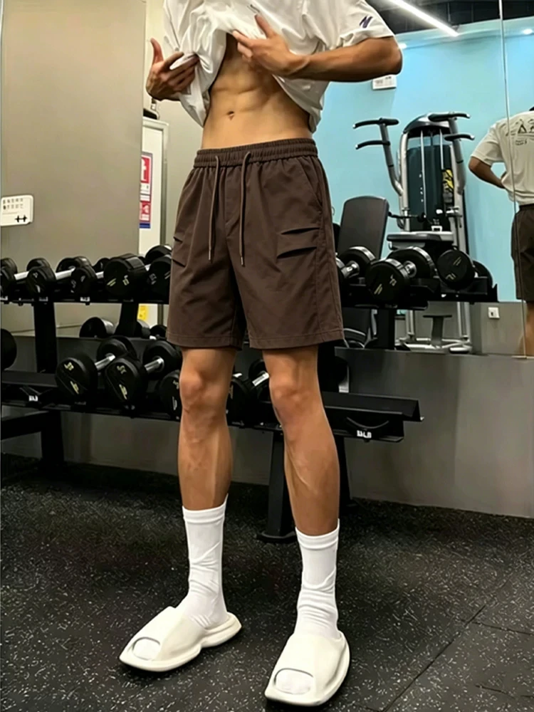 Vintage Brown Folded Workwear Shorts Men's Fitness Sport Four Five Split Pants Summer Loose Elastic Waist Retro Style Shorts