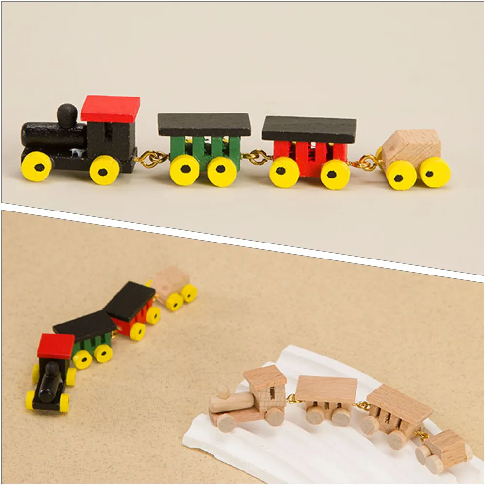 

2 набора деревянных миниатюрных поездов для декора дома, декоративные маленькие деревянные поезда для кукольного домика, аксессуары для дома