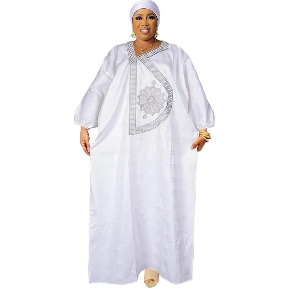 

African Bazin Clothes Traditional Embroidery White Dashiki Outfit for Women Kaftan Boubou Robe Maxi Long Dress with Headscarf