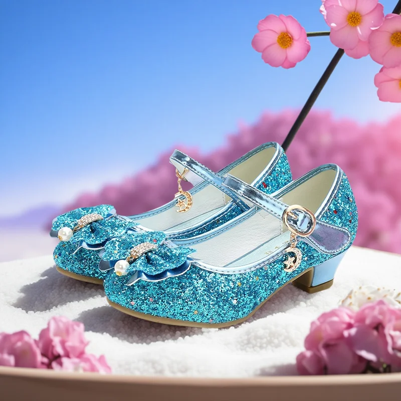 Princess Hihg Heel Kids Leather Shoes For Girls Flower Casual Glitter Children High Heel Girls Shoes Butterfly Knot Blue Pink