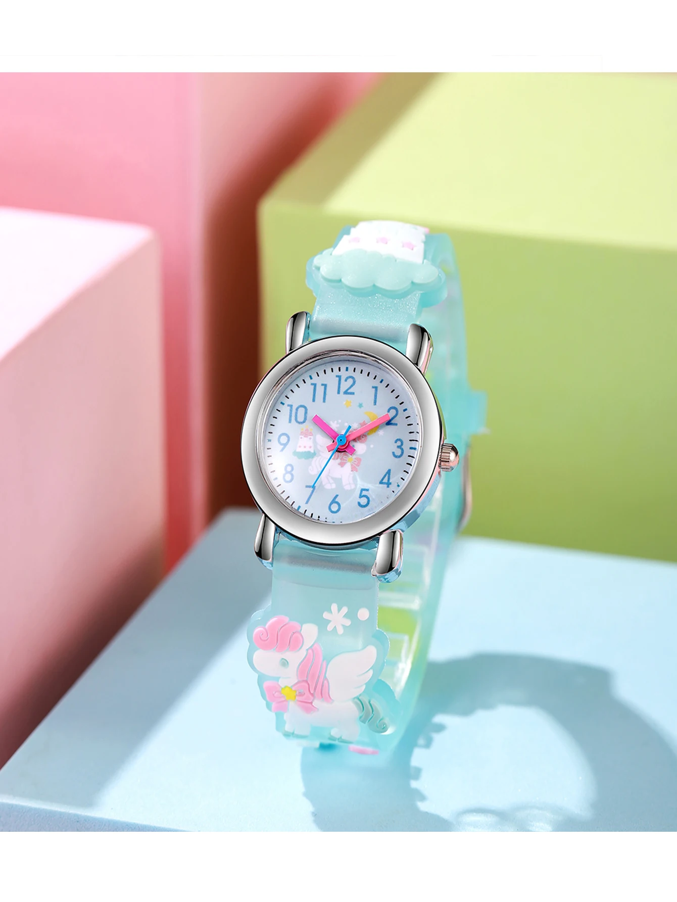 سوار ساعة سيليكون بيغاسوس كارتوني عصري ولطيف مع قرص من خليط معدني دائري، ساعة كوارتز للأطفال، مناسبة للاستخدام اليومي #4