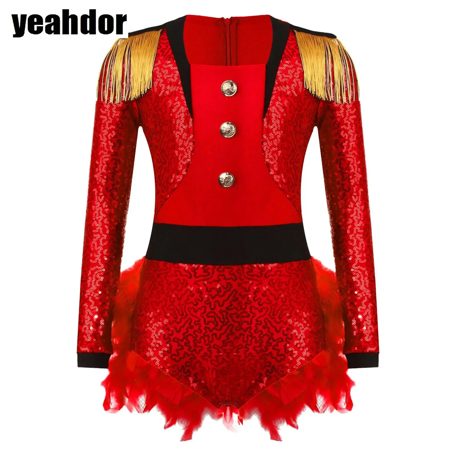 

Girls Circus Ringmaster Costume Sequin Bodysuit Shoulder Tassels Long Sleeve Feather Leotard Jumpsuit Halloween Cosplay Magician