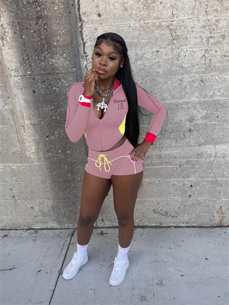

Contrast Design 2 Piece Set Woman Letter Embroidery Zip Cardigan Jacket+Drawstring Shorts Daily Casual Sporty Style Suits
