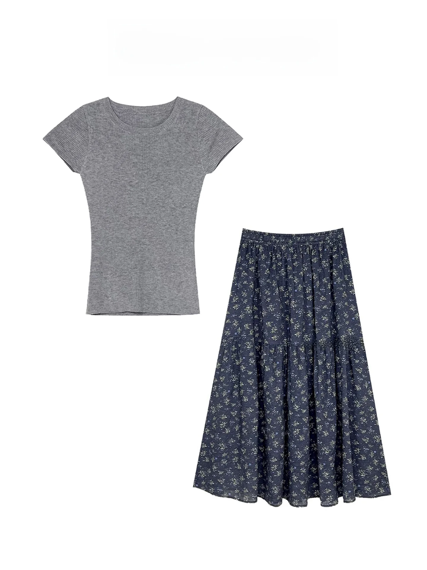 

Chic Korean Style Summer Fashion Set Women's Grey Knitted Short Sleeve T-Shirt High Waist Floral Skirt Casual Breathable