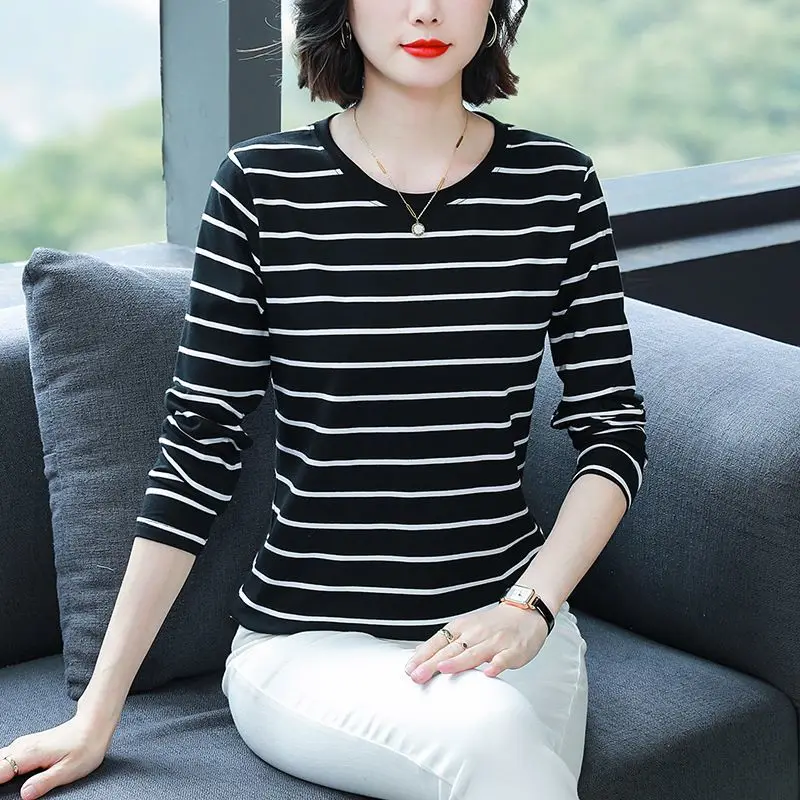 Fashion O-Neck All-match Long Sleeve Striped T-Shirts Women's Clothing 2024 Autumn New Loose Commuter Tops Casual Tee Shirts