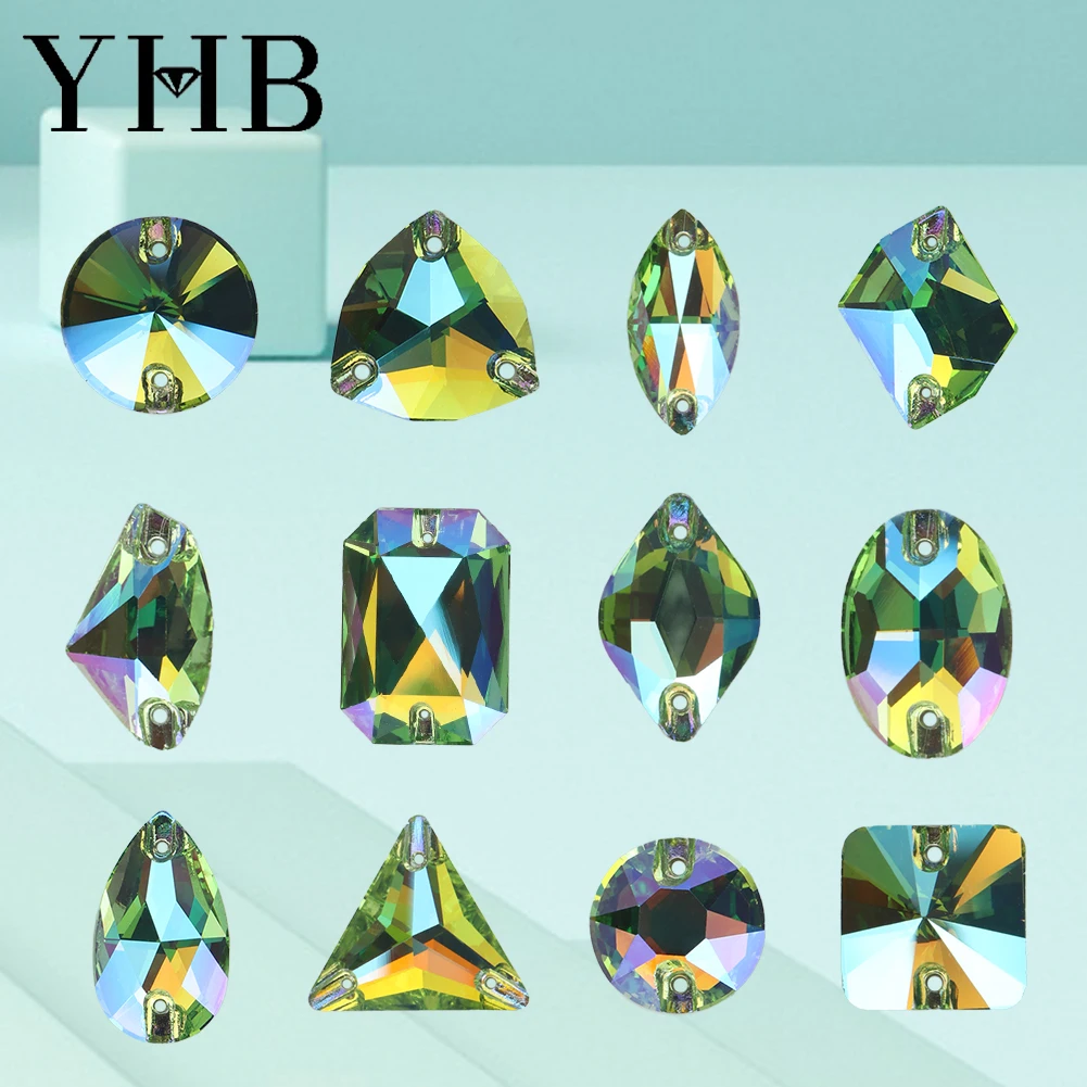 YHB 214SI Peridot Sl Galactic Rolivi Cristales de vidrio en forma de gota AB, piedras de coser de base plana, pedrería para coser en prendas, ropa y bolsos