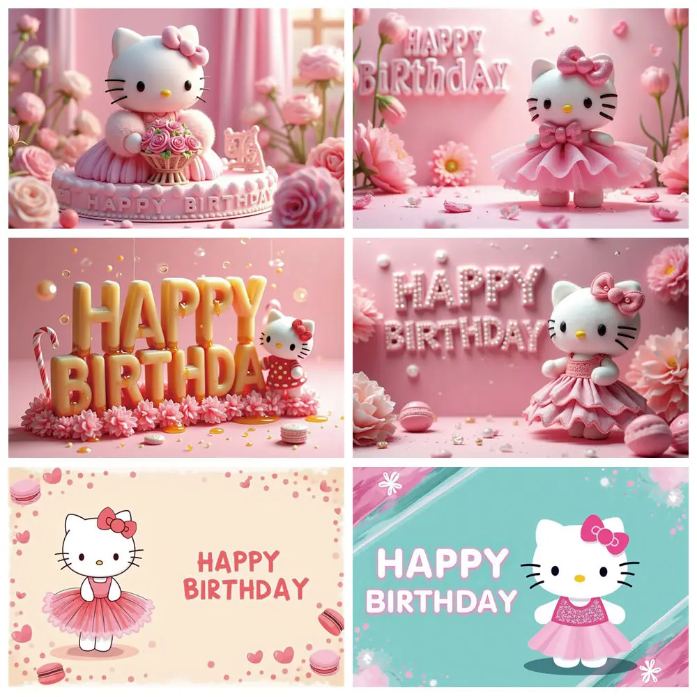

Pink Dreamy Cartoon Hello Kitty Photography Background Girl Birthday Party Decor Backdrop Baby Comunion Photozone Banner Poster