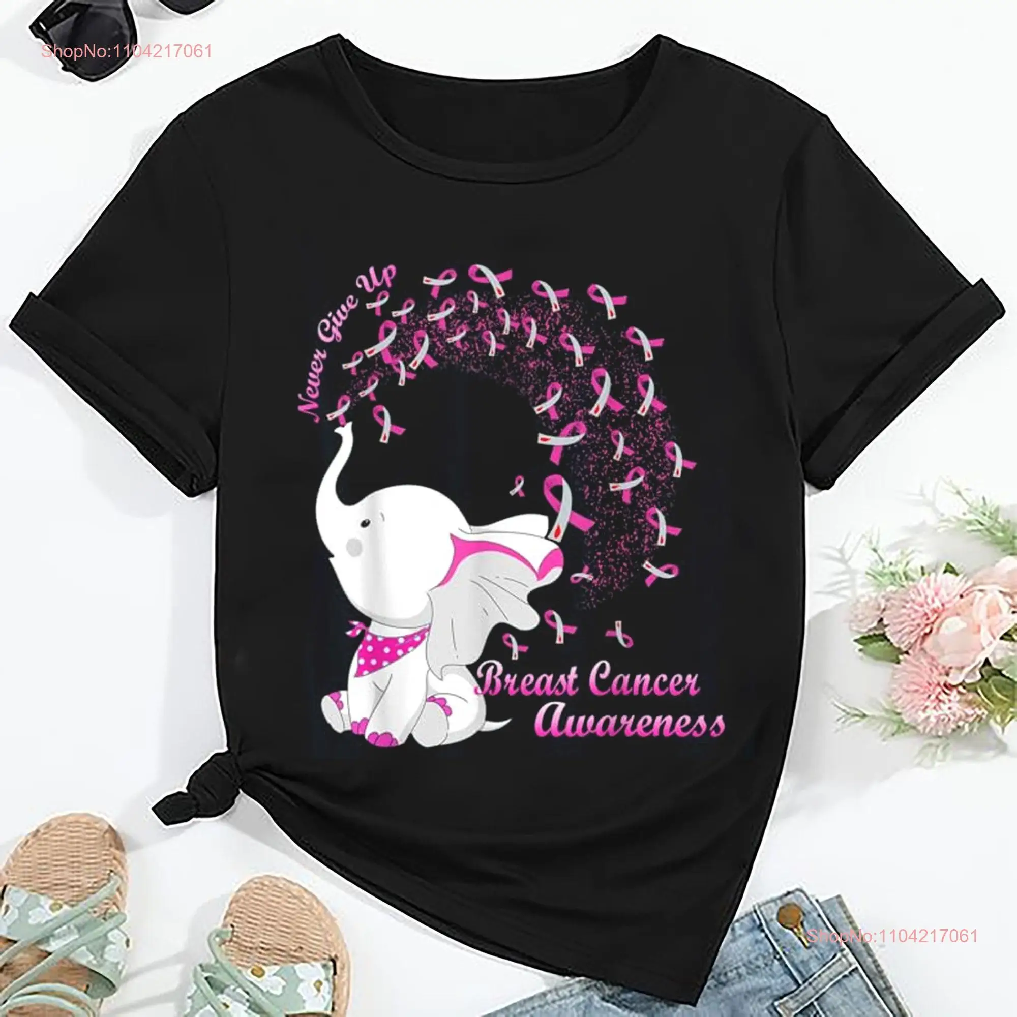 Elephant Never Give Up Pink Ribbon T Shirt Cancer Awareness Breast Survivor Support  long or short sleeves