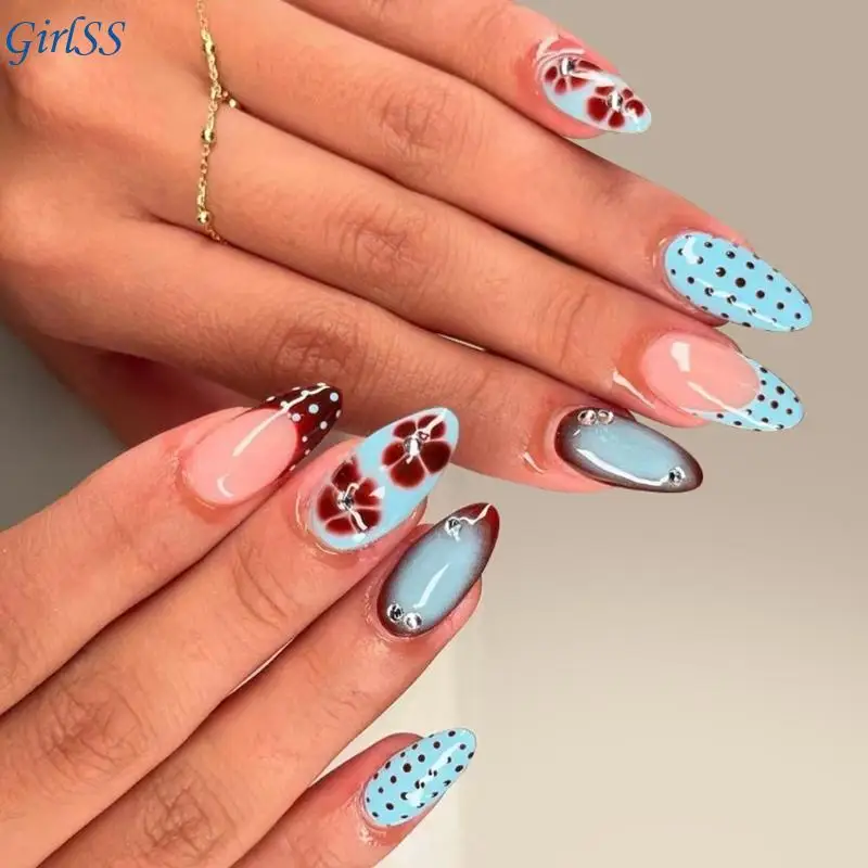 أنيقة الأزرق الأزهار الصحافة على الأظافر 24 قطعة صالون نمط الأظافر الاصطناعية لمناسبات الحفلات مريحة ارتداء اليومي T4MB