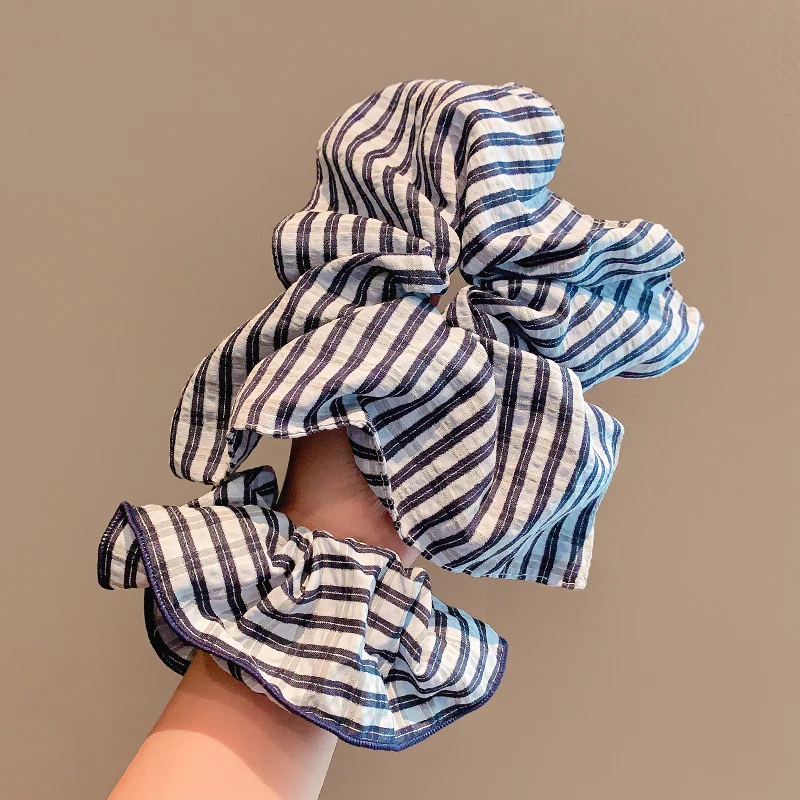 2026 New College Lace Trim Striped Scrunchie For Women Girls Children Fashion Vintage Large Stripe Hair Tie Ponytail Holder Gift