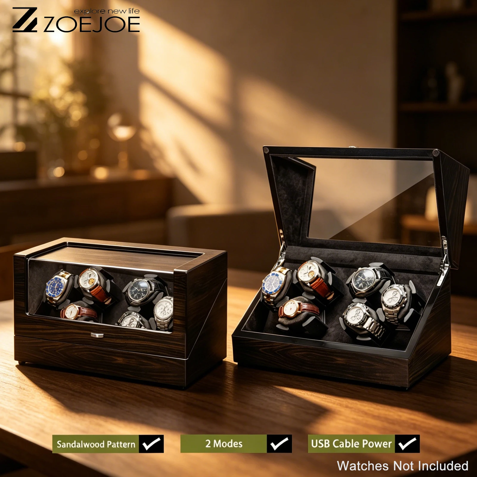 ZOEJOE 3/6 Enrolador de Relógios Automáticos, Caixa de Armazenamento de Relógios com Motor Silencioso em Couro PU e Alimentação USB para Homens e Mulheres com Relógios Mecânicos