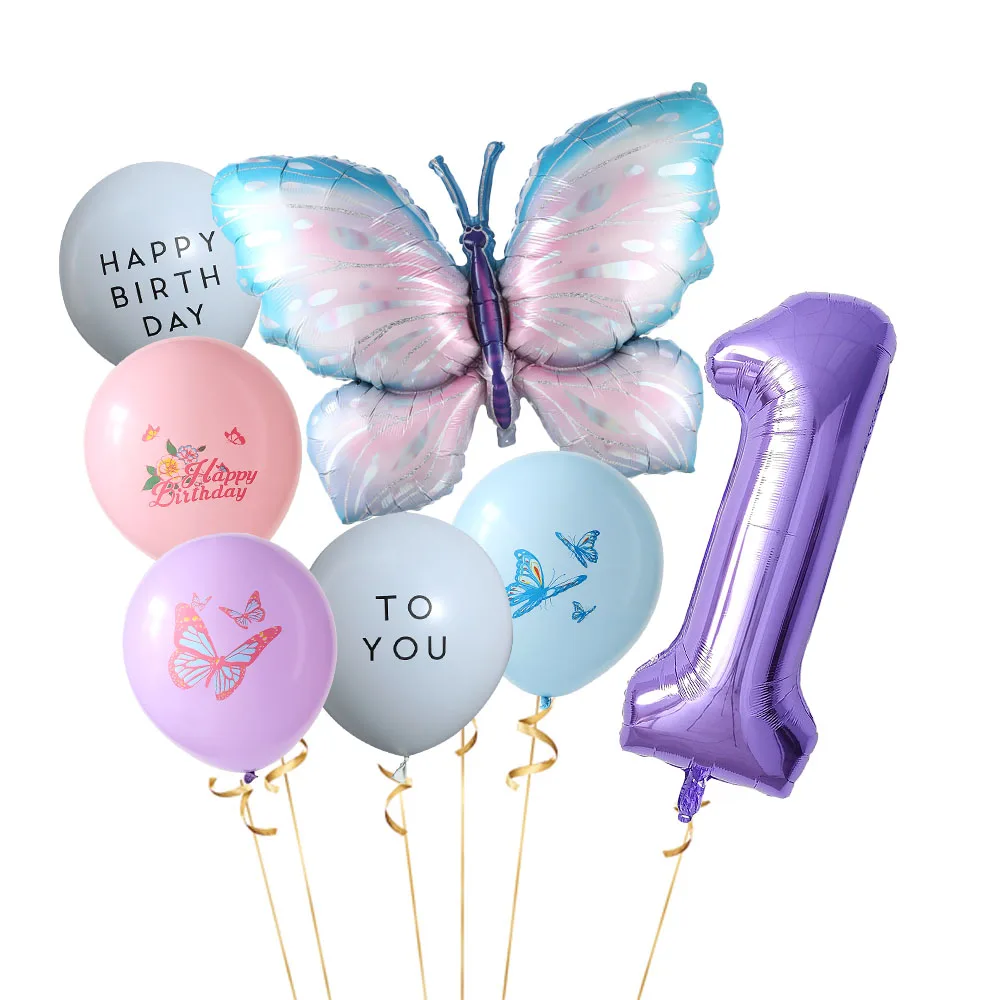 8pcs Large Butterfly Balloons Set 40inch 1-9 Purple Number Ballon for Birthday Party Wedding Decoration Baby Shower Kids Globos