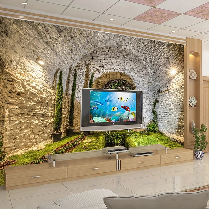 3D Wallpaper 3D Space Grassy Stone Cave Murals Restaurant Cafe Background Wall Decor Waterproof Home Decor Papel De Parede Sala