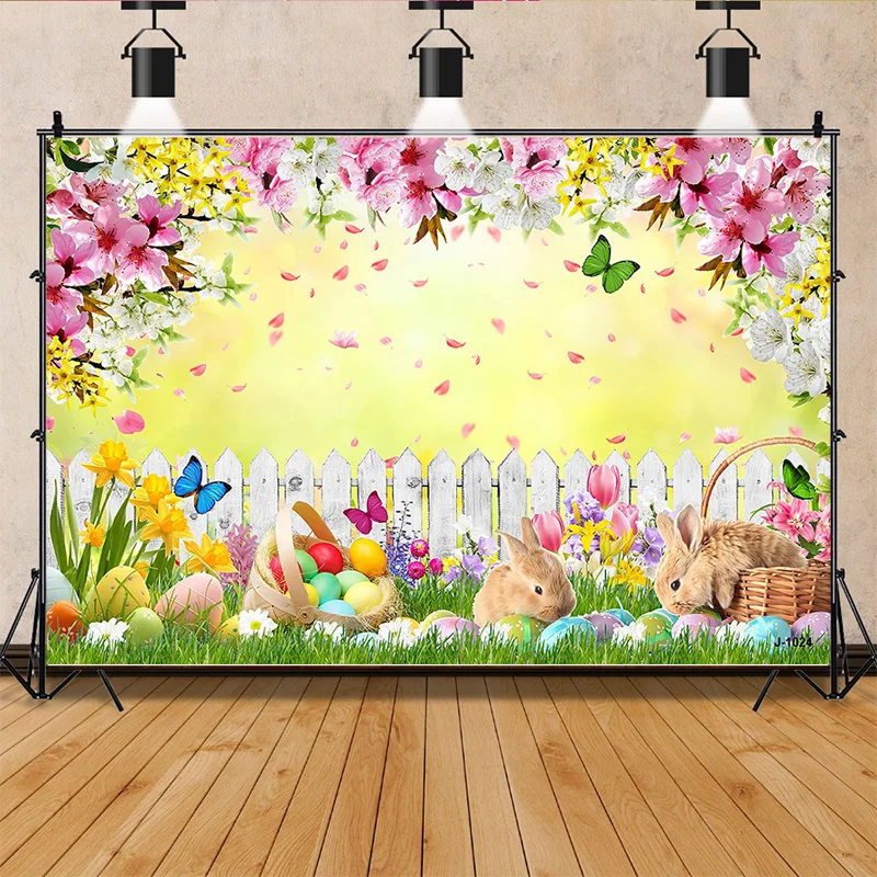 

ZHISUXI Green Spring Easter Day Photography Backdrops Props Hare Rabbits Colorful Eggs Wood Photo Studio Background VV-12