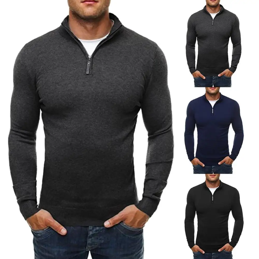 

Chic Men Solid Color Stand Collar Long Sleeve Zipper Knitted Sweater Top Blouse