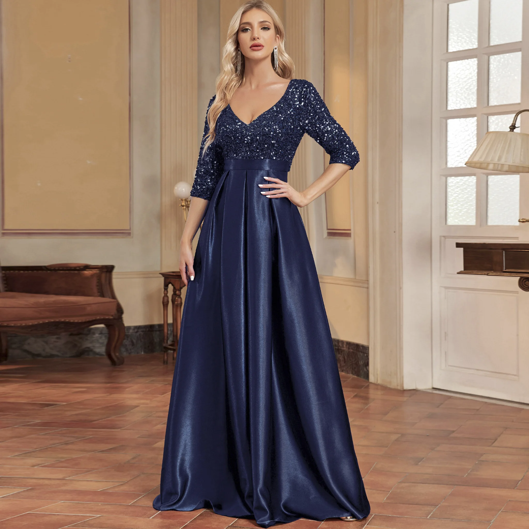 여성용 반소매 스팽글 드레스 포멀 프롬 드레스 이브닝 가운 포켓 포함