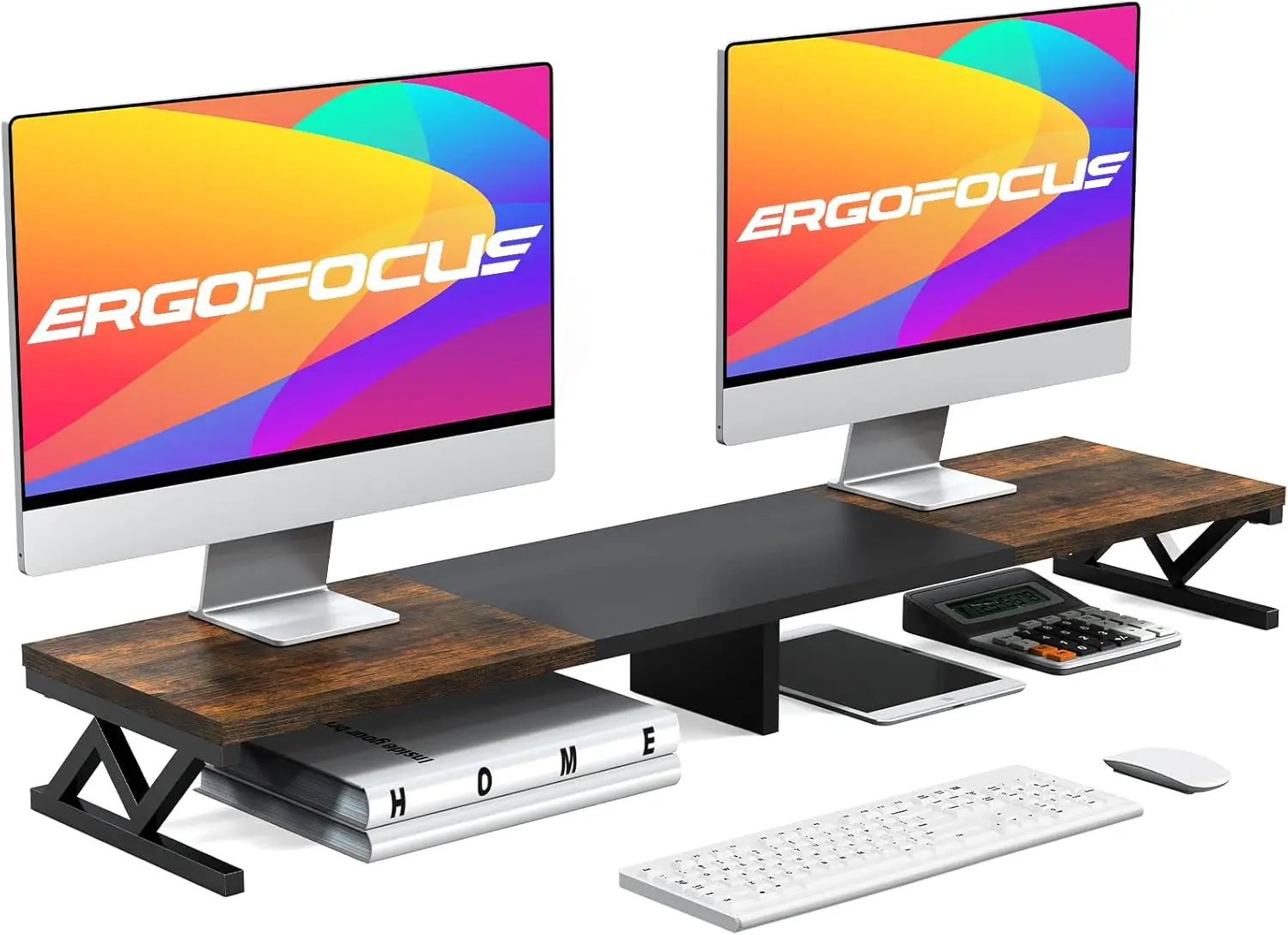 

Dual Monitor Stand with Storage, Wood & Steel Design for Two Screens, Desk Organizer