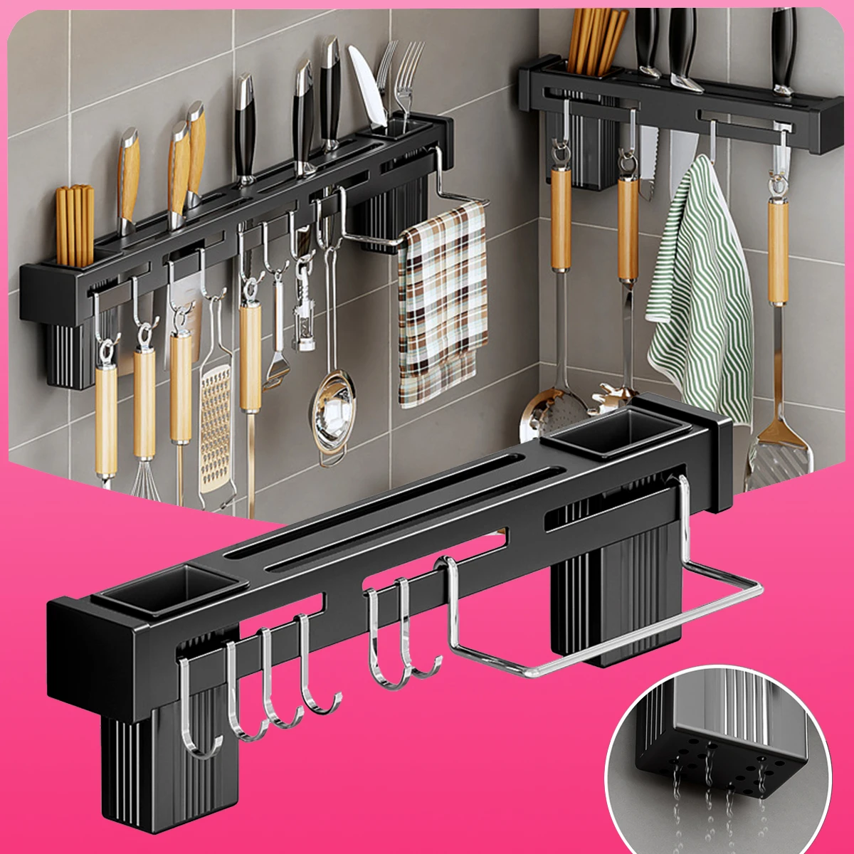 Wall Mounted Kitchen Rack Utensil Holder Knife Hanger Strip Hook Rod Bar Stainless Steel Organizer