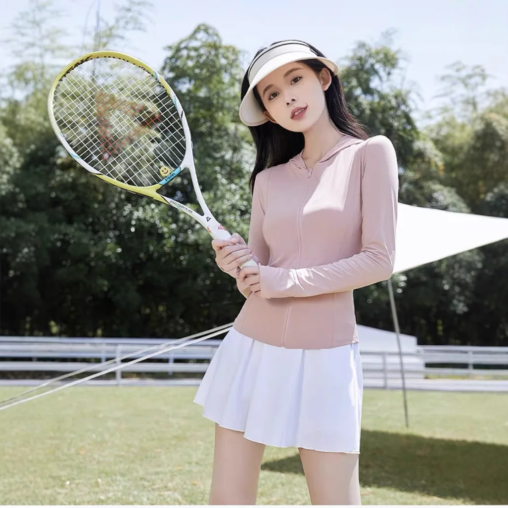 

Women's 2025 Fashion Sports Summer Long sleeved Hooded Jacket Korean Ice Silk Sunscreen Clothes