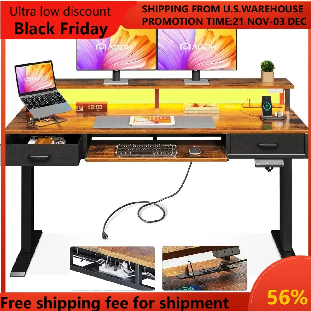 

Electric Standing Desk with Drawers & Keyboard Tray, 55 Inch Height Adjustable Desk with Power Outlets & LED Lights