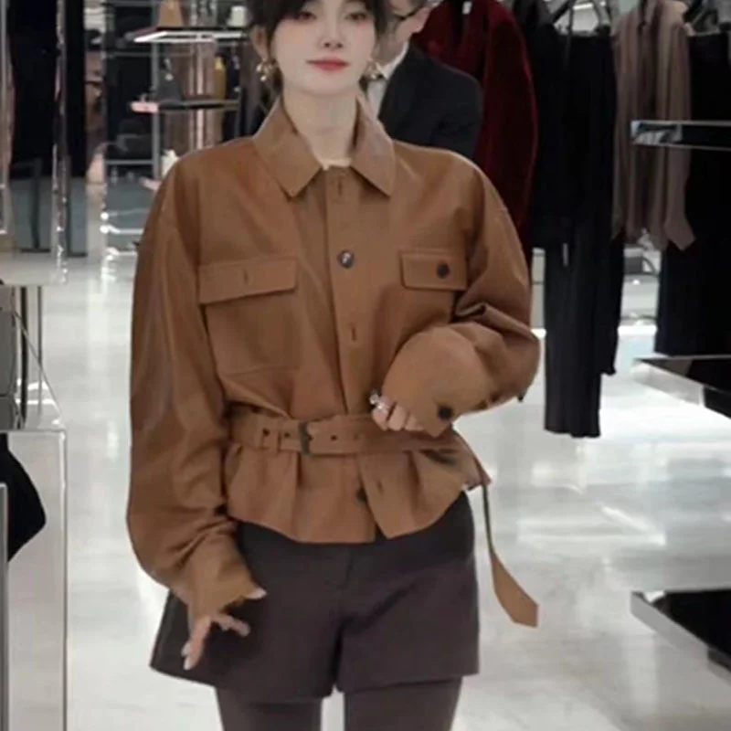 Daitong 2025 primavera eepskin cuero Jaet mujer suelta adelgazamiento Casual Biker abrigo cuello largo Sve ort longitud