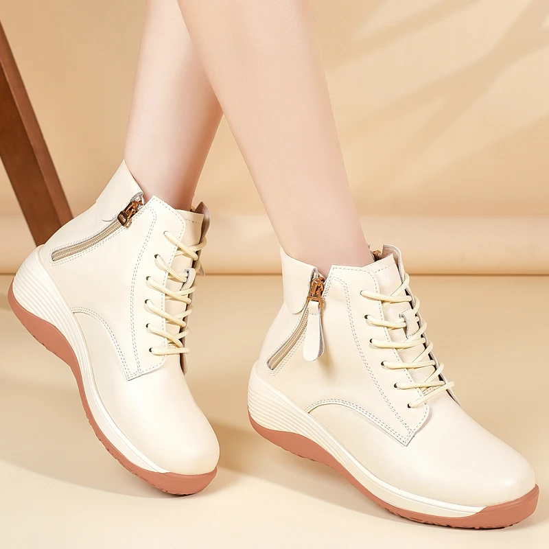 

Женские ботильоны на платформе с танкеткой и шнуровкой, удобные повседневные короткие ботинки с боковой молнией, нескользящая обувь для увеличения роста
