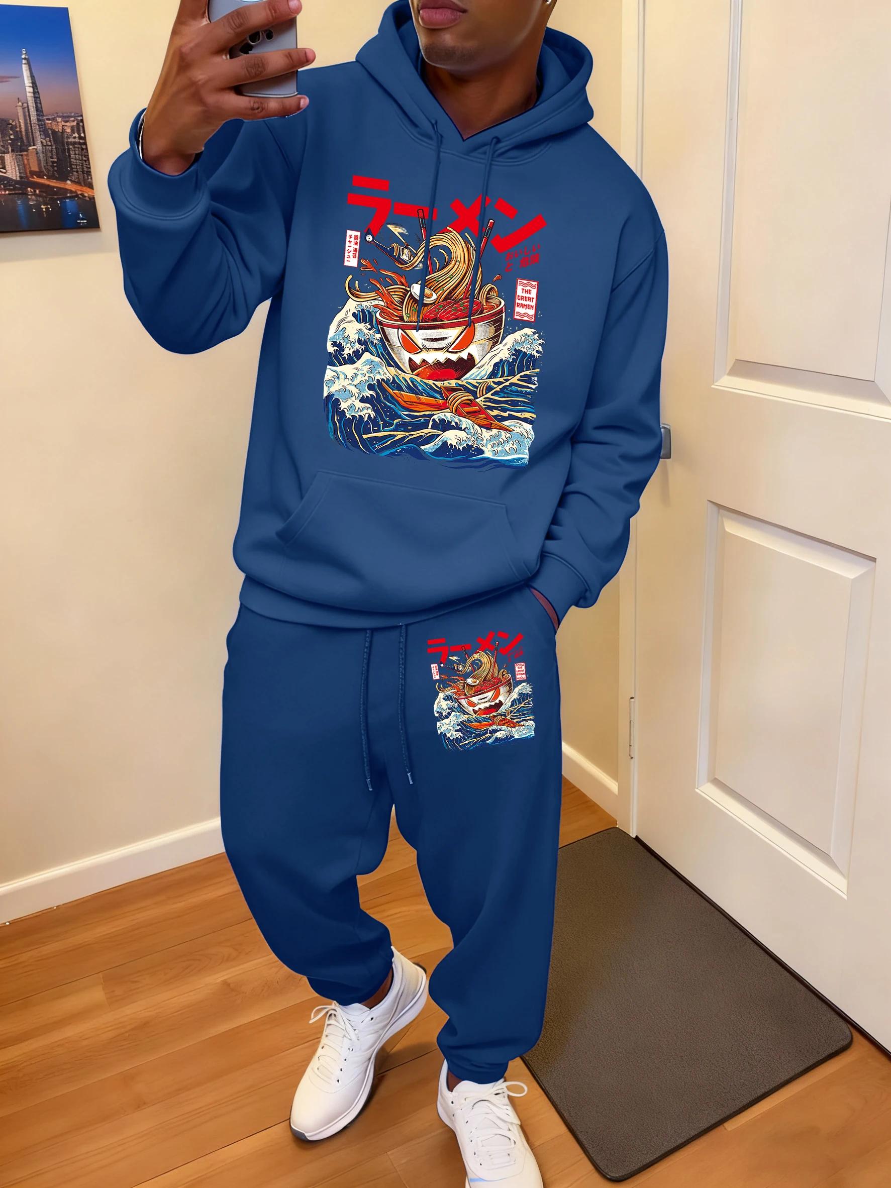 

Japanese Seafood Ramen Poster Pattern Hoodie Men Fleece All-Match Clothes Set Loose Autumn Sweatpant Suit Sport Fashion Pants