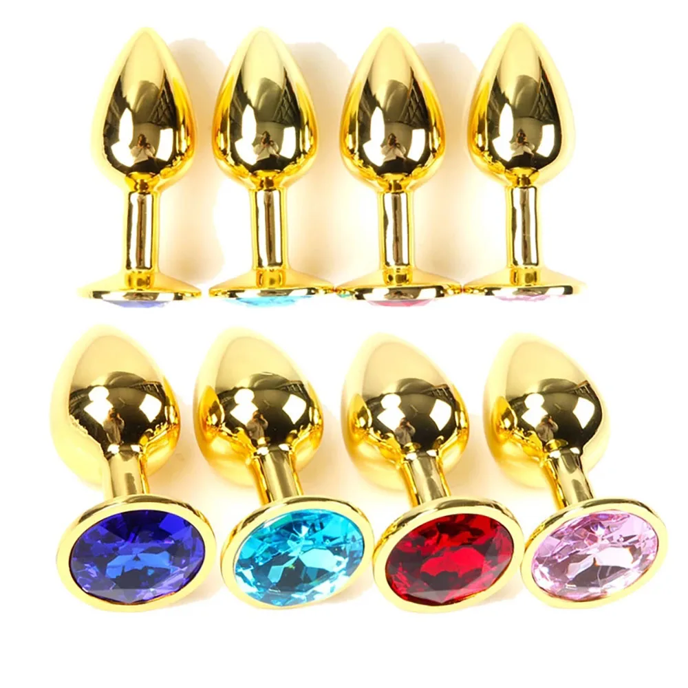 Gold Metal Butt Plugs para Casais, Plug Butt Redondo, Jóias Coloridas de Diamante, Brinquedo Adulto do Sexo, Conjunto 3Pcs