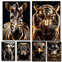 Luxury Black and Golden Animals Zebra Lion Tiger Eagle Wolf Wall Art Posters and Prints Canvas Paintings Picture Room Home Decor