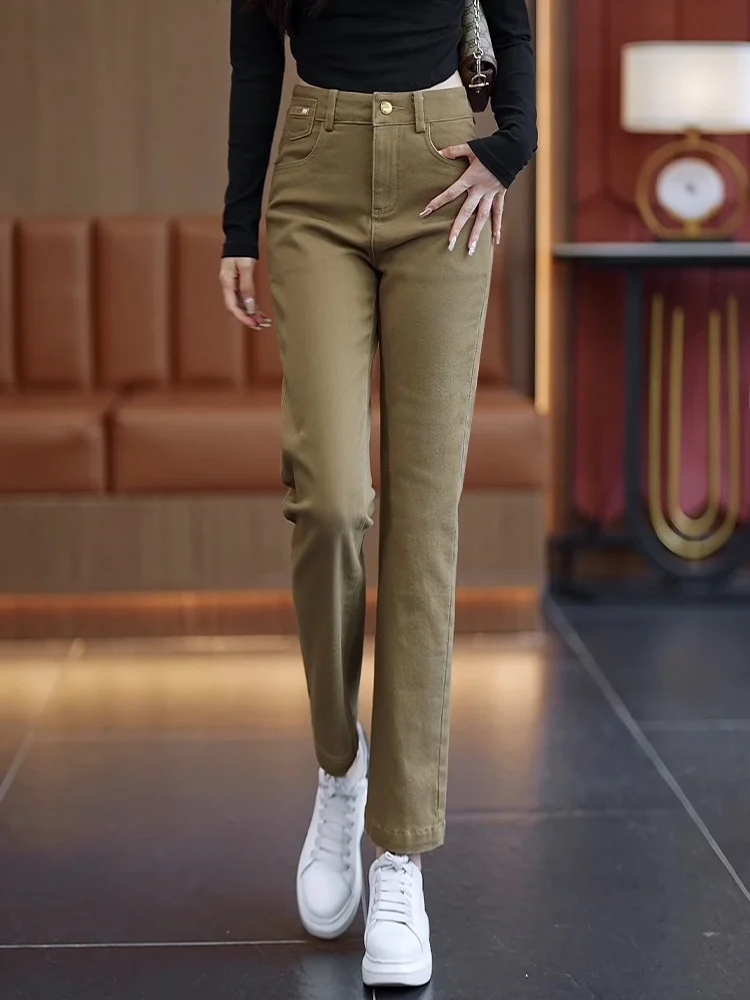 

Khaki Straight Leg Jeans Women's Spring Autumn High Waist Slimming Casual Nine Point Cuffed Pants Korean Style Commute Wind