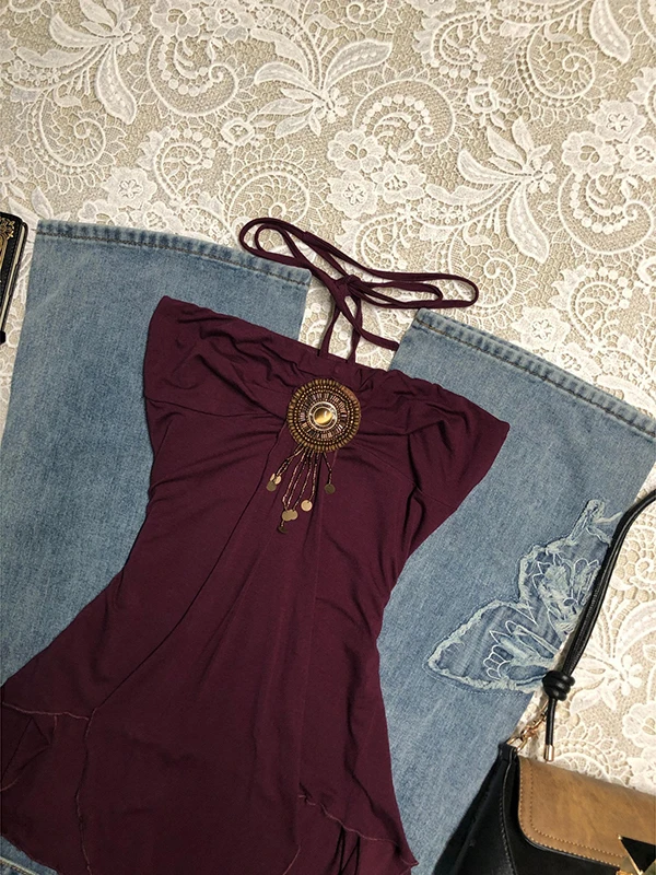 

Original Purple Ne Hanging Tube Top Women's Summer Design Unique Beautiful Outerwear Small Tank Top Cotton Blend Regular Le...