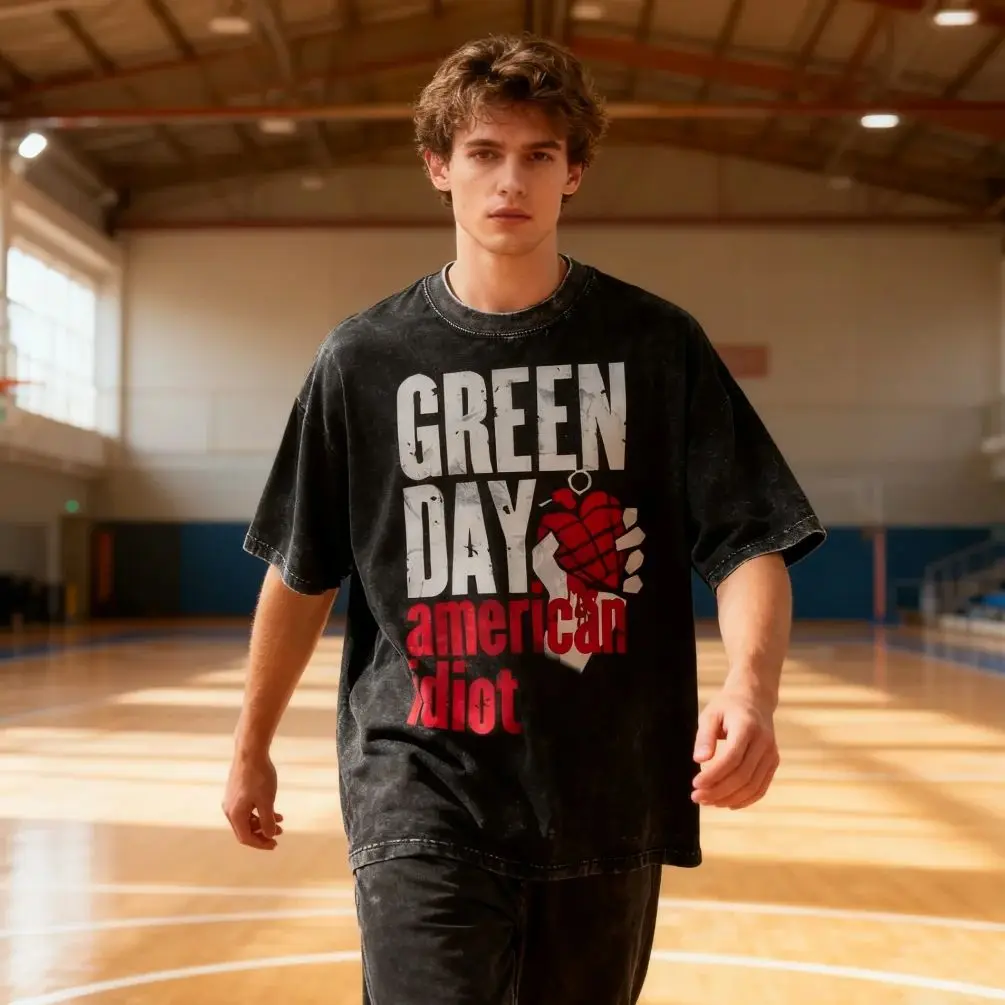 

Green Day American Idiot Red Heart Graphic Tee Men's Washed T-shirt Male Retro Rock Album Casual Comfortable Streetwear Tshirt
