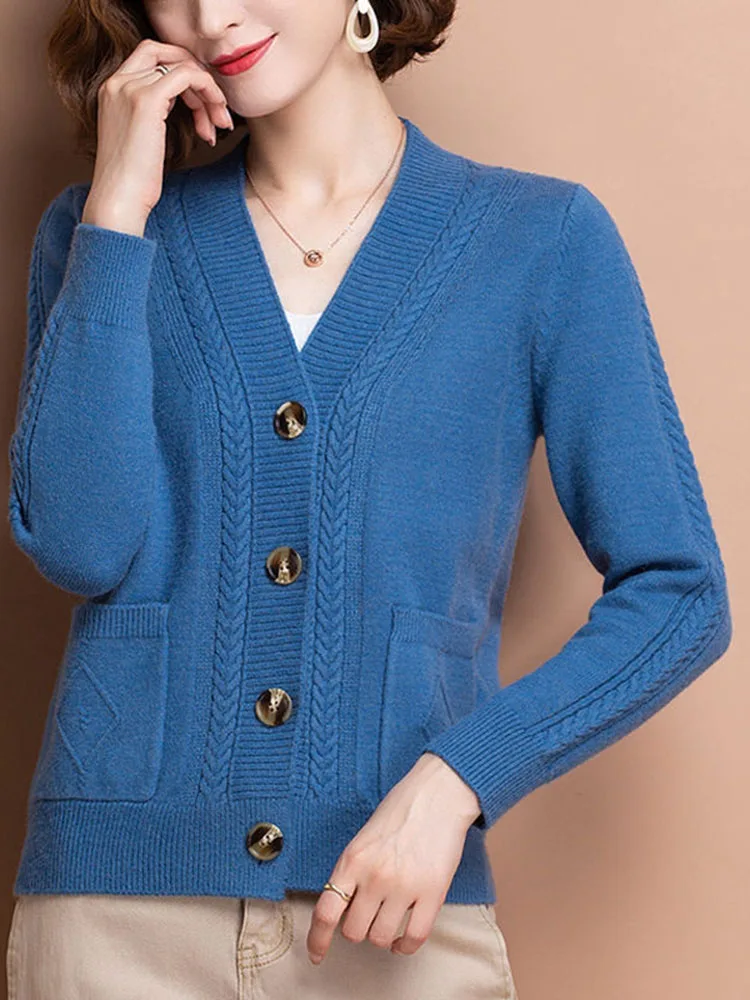 Cropped V-neck Knit Sweater Cardigan Korean Casual Single Breasted Knitwears Tops Abrigos Spring Fall Women Classic Slim Coats