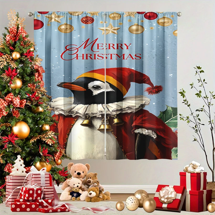 2PCS Christmas Winter Curtains, Vintage Penguin Court Costume Bell Merry, Digital Print, Bedroom Living Room, Home Decor