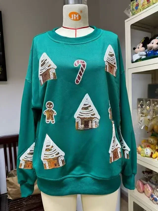 Zekye moletom com capuz feminino estilo europeu e americano para natal homem de gengibre e casa de neve roupas de inverno femininas