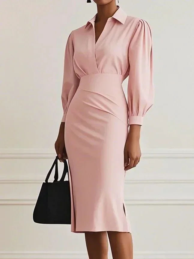 Damen Rüschenkleid mit V-Ausschnitt und Puffärmeln, Midi-Länge, Bleistiftschnitt, geraffte Taille, Schlitz, elegantes Bürokleid – Detail 11