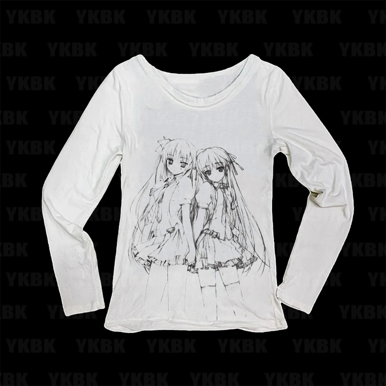 Alt Grunge Manga Sketch Twin Lolita Anime Girls Long Sleeve T-shirt Women Y2K Japanese Anime Graphic Slim Fit O-neck Tees