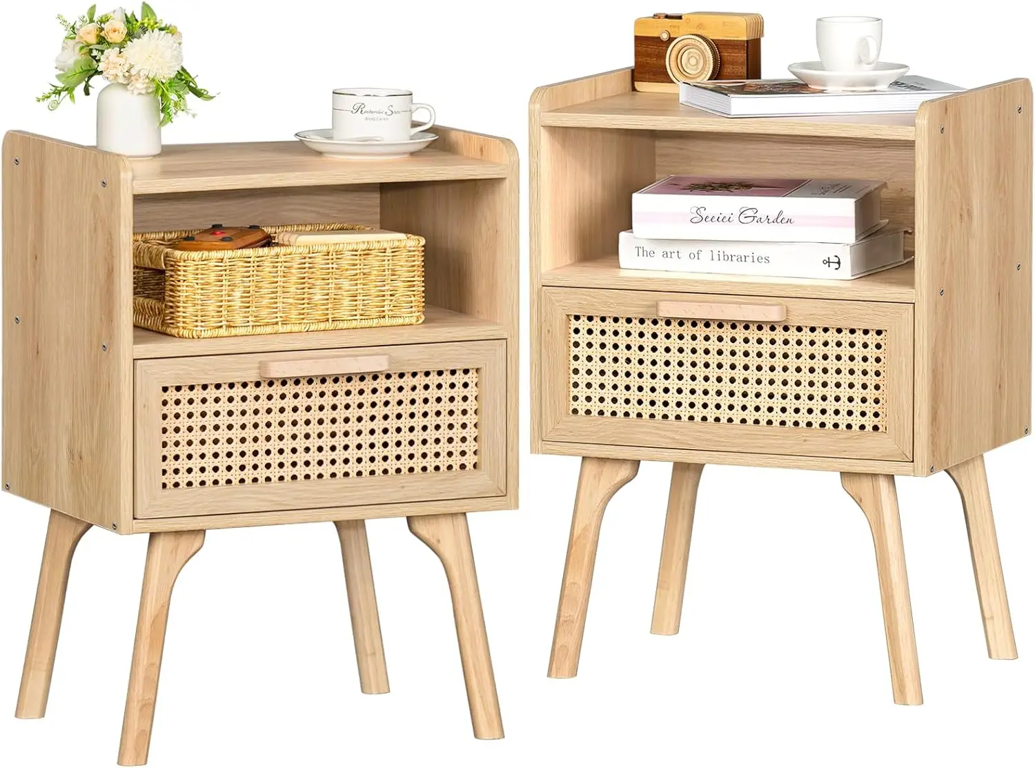 

Boho Side Table with Drawer Open Shelf, Cane Accent Bedside End Table with Solid Wood Legs for Bedroom, Dorm and Small Spaces