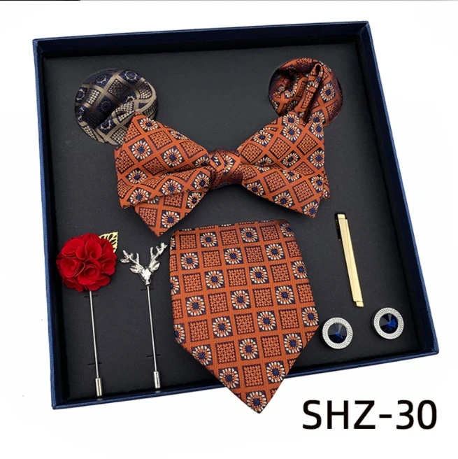 High-quality Silk Tie 8 Piece Set Tie /Bowtie /Cuff  /Pocket Square*2/Tie Clip/Brooch *2 High-end Upscale Necktie with Gift Box