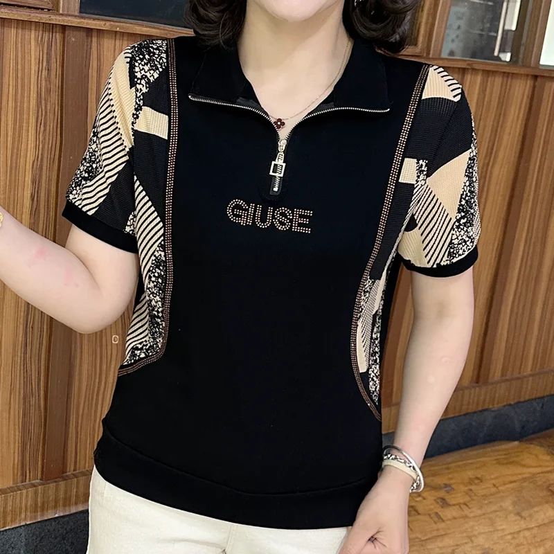

New Summer Half-zipper Short-sleeved 2025 Spliced sweatshirt Hot Diamond Versatile Top