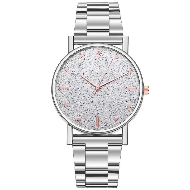 New starry silver pink face stainless steel band women's full sky quartz watch