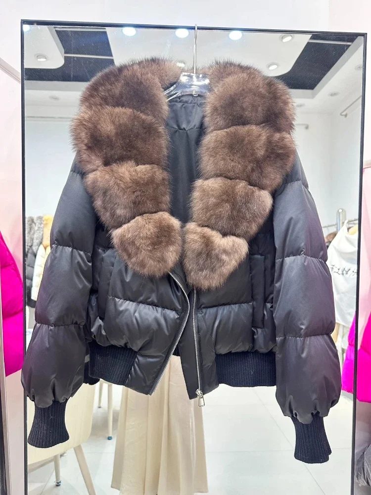 Elegante collo in pelliccia di volpe naturale invernale in vera pelliccia calda piumino d'anatra bianco spesso piumino corto capispalla piumino da donna